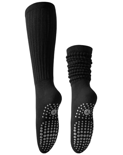 Image of Yawlsow Pilates Socks with Grips for Women Yoga Ruffle Grippy Non Slip Long Slouchy Scrunch Socks for Barre Workout Hospital