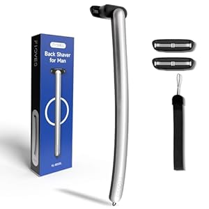 FLOVES Back Shaver for Men – 39.5cm Long Handle Body Hair Razor with 3 Layers Pivoting Head Blade, 3 Replacement Cartridges, Mens Groomer for Back, Chest, and Shoulders (Silver)