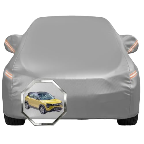 Image of Pivalo Car Cover for Mahindra XUV 3XO All Model & Years with Mirror Pocket 100% Waterproof Triple Stitched Bottom Elastic Dust, Heat & UV Resistant Full Body Protection (Grey with Highlighter)