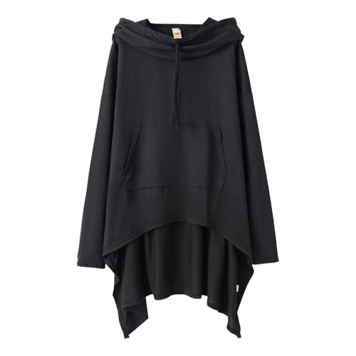 Image of Hooded Pullover for Women - Hoody with Hood Oversize Asymmetrical Top, black, XL