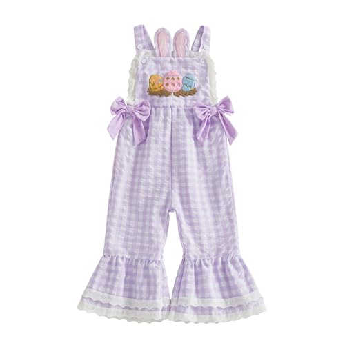 Adobabirl Toddler Baby Girl Easter Outfit Overalls Easter Eggs Bunny Embroidery Romper Flare Pants Bell Bottom Jumpsuit (Easter Eggs Violet, 2-3 Years)