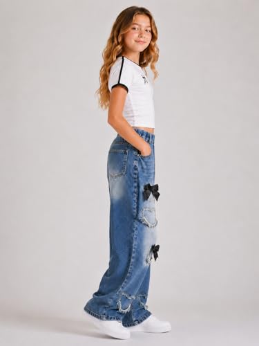 Image of Azmxynol Tween Girl Clothes Short Sleeve Top + Butterfly Design Jeans 2 Pieces Spring Summer Outfit Set, Size 6-16 Years
