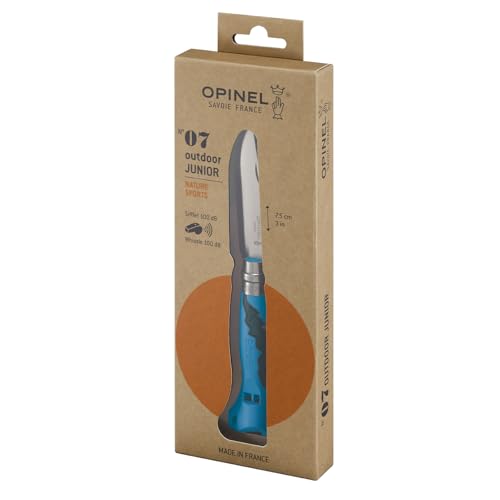Opinel - N°07 Couteau Outdoor Junior Multifonction - Lame à Bout Rond 8 cm Inox, Manche Polymère et Fibre de Verre - Sifflet 110 dB, Portée de 300 m - Bleu