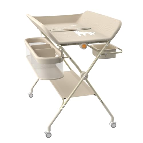 HUOLE Table à Langer Pliable,Ceinture de sécurité et 4 Roues avec Frein, 5 Réglable en Hauteur,...