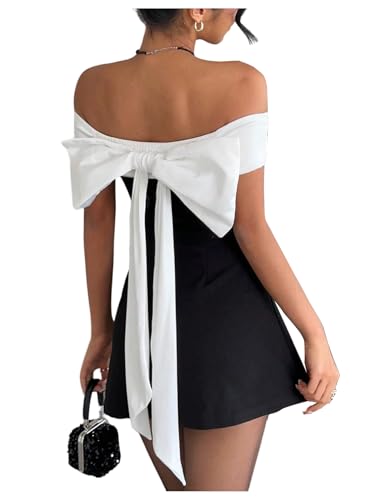 SOLY HUX Womens Bow Wedding Guest Dress Off the Shoulder Short Sleeve A Line Flared Cocktail Party Mini Dresses Black and White Small