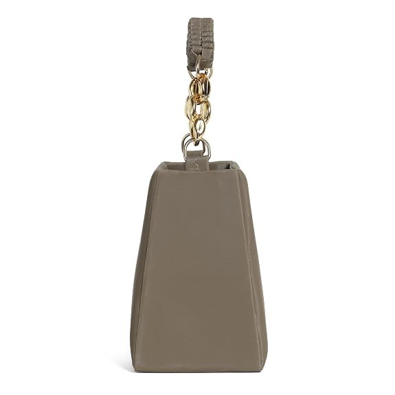 Image of Structured Handbag, Taupe, Faux Leather, with Gold Chain Handle, Braided Top Handle and Adjustable Crossbody Strap