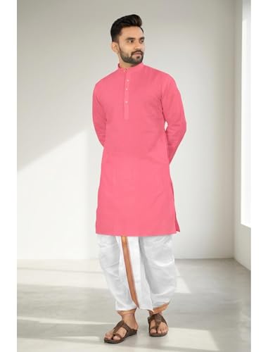 Image of UNIQUE MOMENTS Men's Cotton Dhoti Kurta Set with Full Sleeves Solid Pattern Modern Style and Mandarin Collar Neck | Perfect for Puja & Celebrations