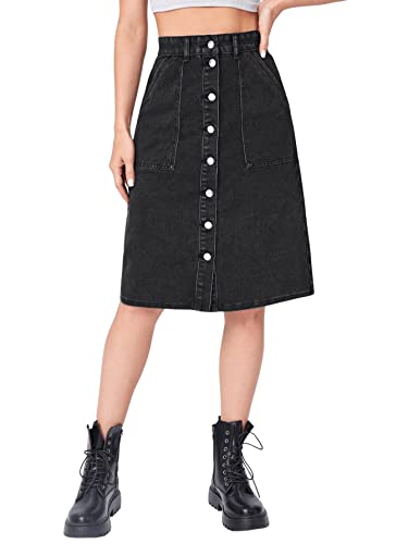 Sweatyrocks Women's Casual High Waisted Button Front A Line Knee Length Denim Skirt Black M #TOP17