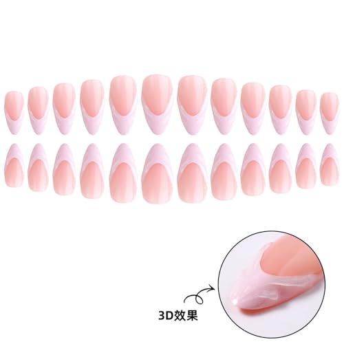 Image of Pink French Tip Press on Nails Medium Almond Fake Nails 3D Swirl Stick on Nail Glossy Full Cover for Women Manicure 24Pcs