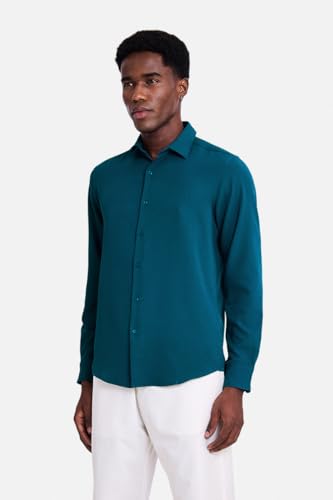 Image of SNITCH Men Casual Shirt | Slim Fit Long Sleeve Spread Collar Vertical Crinkle Textured Pattern | Breathable Polyester Blend & Stretchable Fabric for Casual Outing & Everyday Use