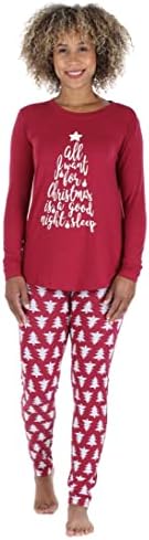 Sleepyheads Women's Knit Long Sleeve Tunic Top and Leggings Pajama Set, Solid Top Set - Cranberry Trees, Large