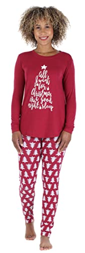 Sleepyheads Women's Knit Long Sleeve Tunic Top And Leggings Pajama Set, Solid Top Set - Cranberry Trees, Large #TOP2