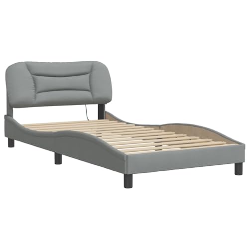 vidaXL Bettgestell, Bett mit LED ohne Matratze Hvar, Bettrahmen mit Lattenrost Wellenform, Einzelbett für Schlafzimmer, Hellgrau 100x200cm Stoff