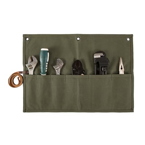 Chisel Roll,Small Tool Roll Pouch,Tool Roll Bag Organizer, Heavy Duty Waxed Canvas Tool Bag, Multi-Purpose Roll-Up Storage Bag for Hand Tools Holder With 6 Pockets Wrench Roll Up Pouch (Army Green)