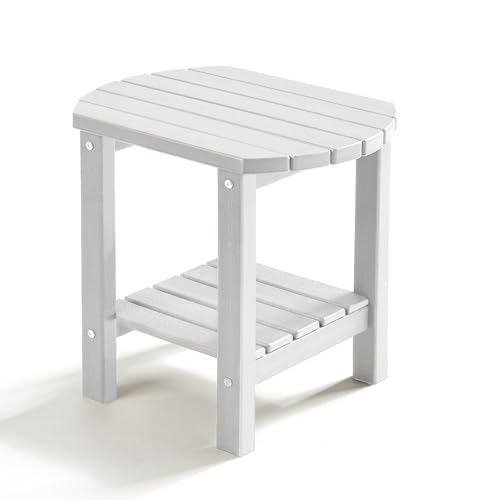 Outdoor Side Table, HDPE Adirondack Oval Side Table with 2-Tier Storage, Weather Resistant Outdoor End Tables for Patio, Backyard, Pool, Indoor Companion, Beach, Easy Maintenance Patio Tables (White)