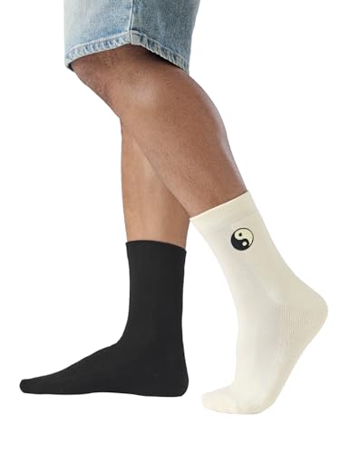 Image of The Souled Store Souled Socks: Yin-Yang Black & Off-White Crew Socks | Cotton Blend, Soft, Breathable, with Applique Patch