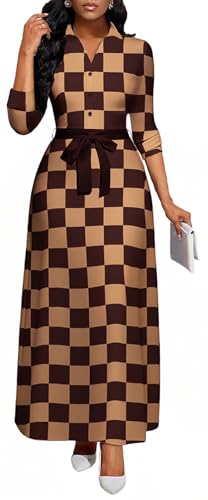 Image of Maxi Dresses for Women Casual Long Sleeve Crewneck Floor Length Dress | Floral Print,Swing,Soft Fabric,with Belt and Pockets