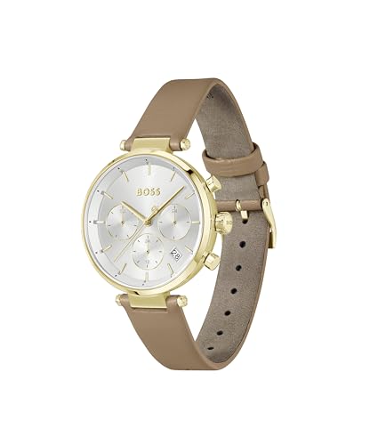 Image of BOSS Majesty Sport Qtz Multifunction Silver White Round Dial Women's Watch|Brown Leather Material|Brown Color Band - 1502772