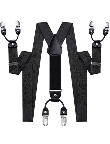 Image of Hi-Tie Men's Suspenders and Tie Set Silk Adjustable Elastic Y Braces with Strong 6 Clips Pocket Square Set