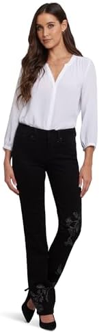 NYDJ Womens Marilyn Straight Embroidery Jeans in Black Rinse