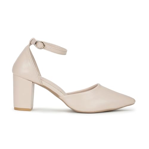 Image of Marc Loire Women's Pointed Toe Block Heel Pumps | Office & Party Shoes with Ankle Loop & Buckle Strap | Formal Footwear