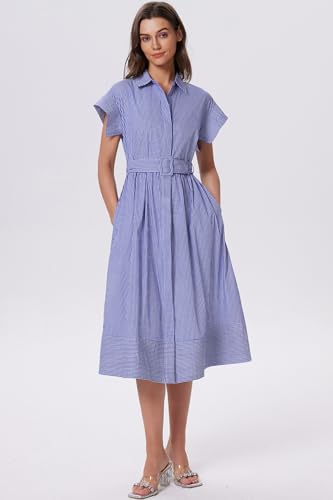 Image of Ladyful Women Casual Button Down Shirt Dress Short Wing Sleeve Buiness Midi Shirt Dress with Belt Elegant Dress