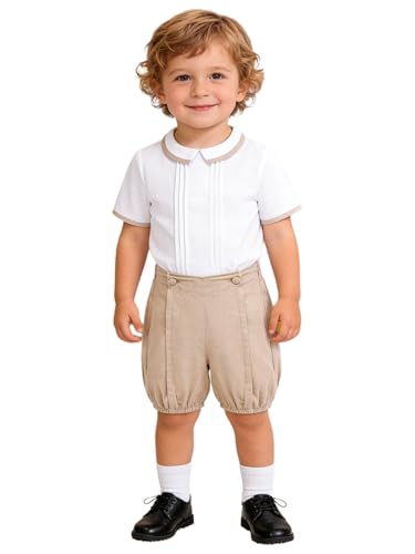 Jydiazi Conjunto de traje para bebé y niño, con solapa, camisa larga y pantalones cortos, 2 unidades, para bodas, bautizos, tallas 68 98, Caqui Manga Corta, 74 80