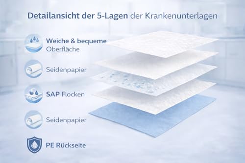 BUXMED 25 Stück Einweg Krankenunterlage und Inkontinenz Bettunterlage 60 x 90 cm, saugstark, 5-lagig, Wochenbetteinlagen, Wickelunterlage, Betteinlagen bei Inkontinenz, wasserdicht
