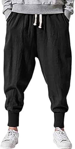 Pengfei Men's Joggers Pants Drawstring Elastic Pockets, Black, Medium