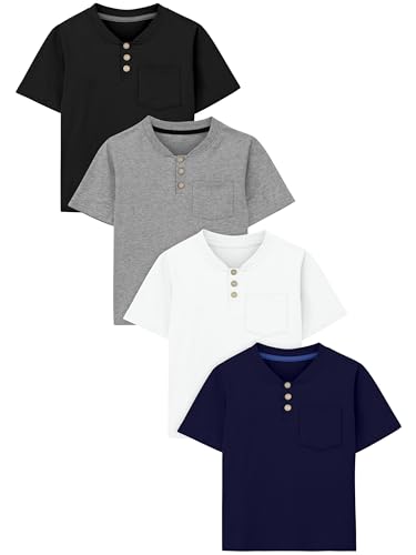 La Mejor Lista de Playeras para Niños más recomendados. 41 Poroka Paquete de 4 camisetas de manga corta Henley de algodón para niños pequeños, playera básica con cuello redondo y bolsillo, Negro, azul marino, gris claro, blanco, 3...
