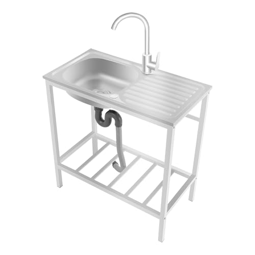 Lavandino da lavoro 75 × 40 × 75 cm, autoportante in acciaio inox con cella di stoccaggio, lavello da cucina singolo con rubinetto a 360° – per lavanderia, bar, garage o ristorante