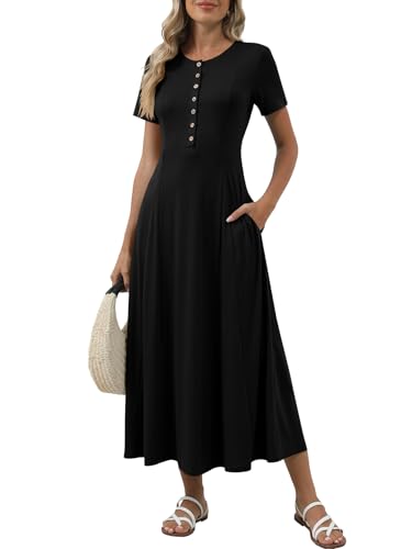 Women's Spring Casual Maxi Dress Short Sleeve Fit and Flare A Line Flowy T Shirt Long Vacation Dresses with Pockets