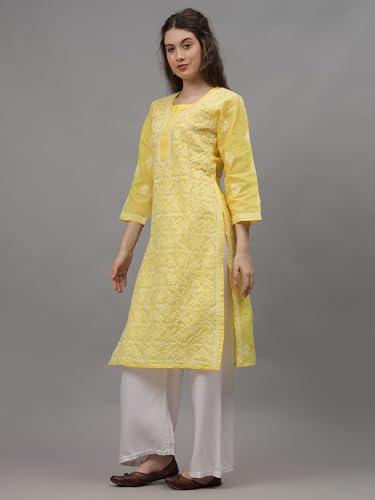Image of Seva Chikan Hand Embroidered Lucknowi Chikankari Yellow Terivoil Cotton Kurta for Women SCL4520