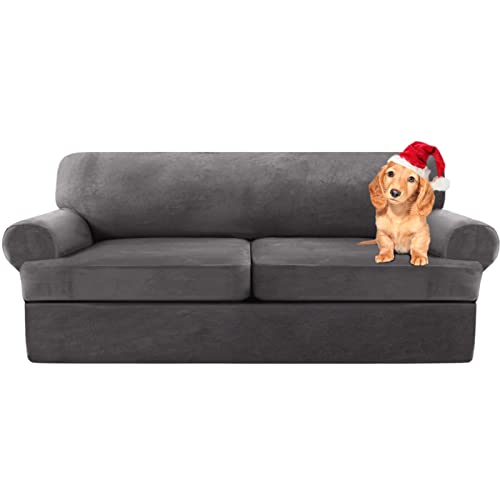 Sofa Cover,T Cushion Sofa Cover Velvet Non-Slip T Cushion 1/2/3 Seater Couch Cover with Individual T Cushion Seat Cover with Elastic Bands Furniture Slipcovers Protector (Grey,X-2 Seat-3 pieces)