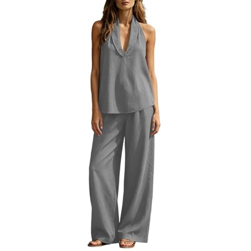 Traje de lino bohemio para mujer conjunto de verano fresco de dos piezas vintage