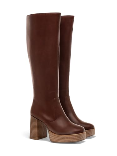 Coutgo Womens Platform Knee High Boots Chunky Block Heels Square Toe Tall Boots Side Zipper Fall Dress Shoes