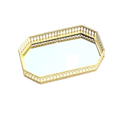 MOTUZP Bandeja de toucador com espelho dourado, bandeja de maquilhagem de toucador de vidro com espelho, bandeja organizadora de jóias, bandeja decorativa de metal para (bandeja pequena - retangular)
