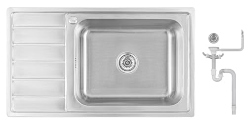 Preero- 86x50X20,Évier de cuisine en inox 304 0,8 mm, XXL Bac 50x40 cm, 1 bac, carré, égouttoir...