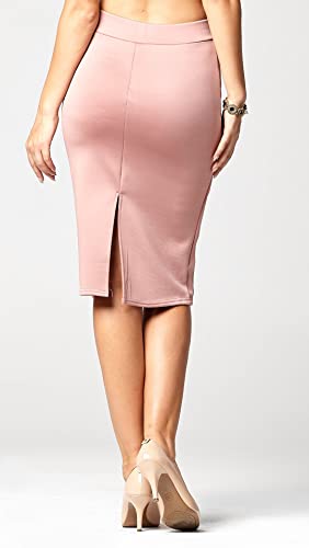 Premium Stretch Pencil Skirt For Women With Slit - Pull On Elastic Waistband - Bodycon Midi Skirts - Classic Dusty Pink - Large #TOP4