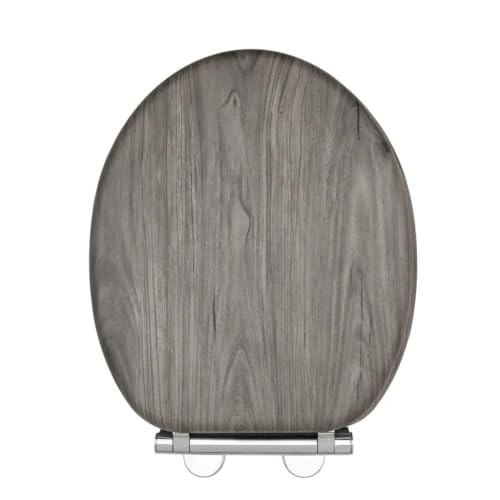 Aqualona Grey Oak Effect Toilet Seat - Soft Close MDF Moulded Wood Seat with Quick Release Button and Durable Hinges - Comfortable, Easy to Clean and Install with Universal Fittings