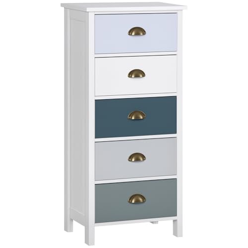 HOMCOM Slim Storage Cabinet Organiser, Chest of Drawers, 5-Drawer Dresser with Metal Handle for Living Room, Bedroom, Blue