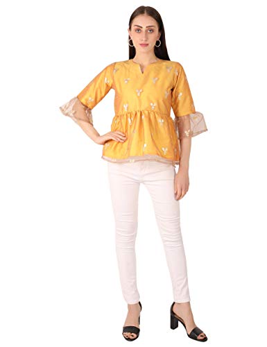 Image of UNFAKENOW Women Trendy Indo Western Casual wear Stylish Going Out Peplum Cotton top Ladies Floral Print Ruffled Plus Size Party net Tunic Long Bell Sleeve Pleated Fancy Nice top