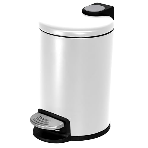 ACENTO 0.65 Gallon / 3 Liter Mini Waste Bin, Round Trash Can with Soft Close Lid & Step Foot Pedal, Garbage Can for Bedroom, Bathroom, Office, Matte White