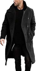 Runcati Herren Mantel Regular Fit Trenchcoat Langes Revers Zweireihig Wolle Business Winterjacke Peacoat, Schwarz , M