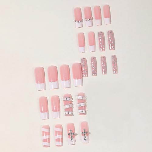MISUD Press on Nails - Long Square Glue on Nails with White French Tip, Acrylic Y2K Cross Design 24 pcs