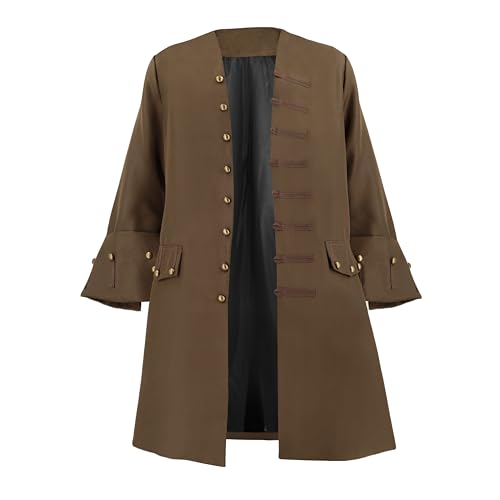 GVLAQST Men Pirate Coat Captain Jack Sparrow Jacket Halloween Renaissance Medieval Party Costume Colonial Outfit Brown XL