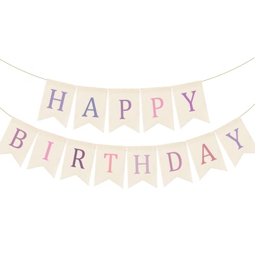 Image of Doumeny Happy Birthday Burlap Banner Boho Birthday Garland Bunting Purple Pink Bohemian Party Hanging Banner White Happy Birthday Sign Flag Colorful Birthdays Bunting Garland for Home Mantel Fireplace