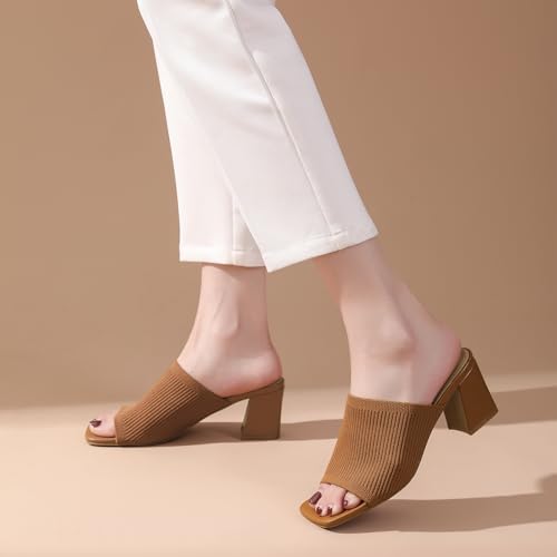 Image of Tilocow Knit Heeled Sandals for Women Square Open Toe Heeled Mules Chunky Block Low Heel Slip On Slides