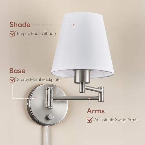 VONLUCE Modern Adjustable Swing Arm Wall Lamp Brushed Nickel, Plug-in Wall Sconce Lighting for Bedroom Bedside, Living Room, Kitchen, Hallway, Wall Mounted Light Fixtures with White Fabric Shade by VONLUCE - Image 7