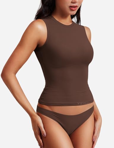 Image of YEOREO Women Basic Mock Neck Workout Crop Top Sleeveless Double Lined Tank Tee Slim Fitted Ruched Going Out Camisole
